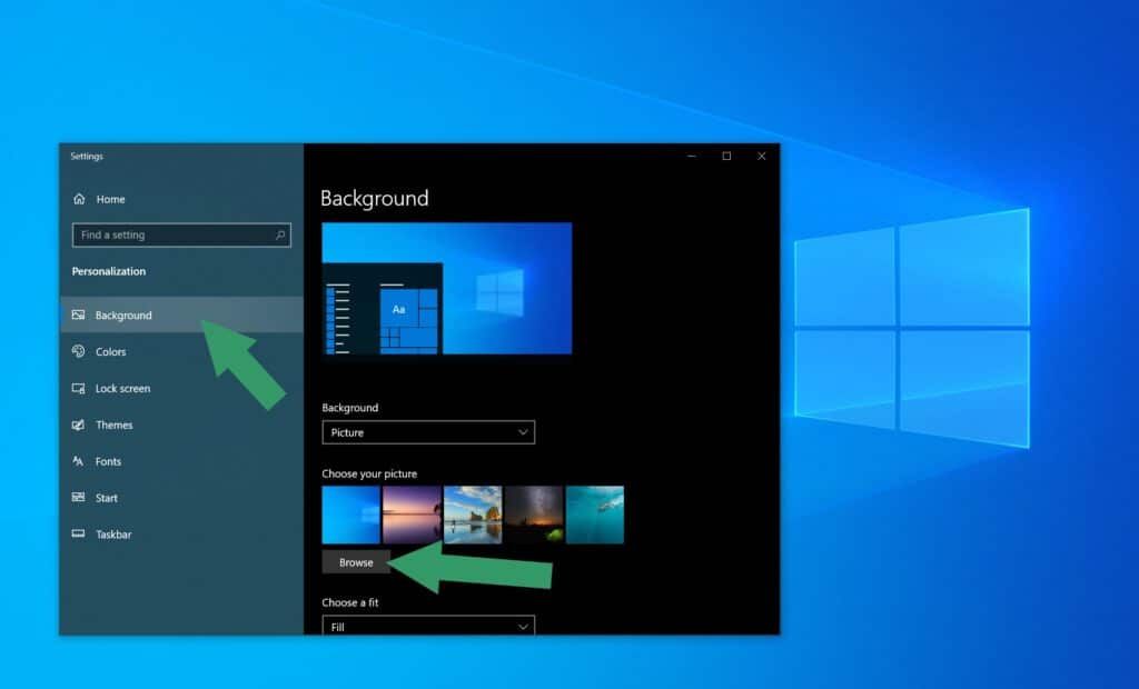 Paramètres du fond d'écran pour Windows 10